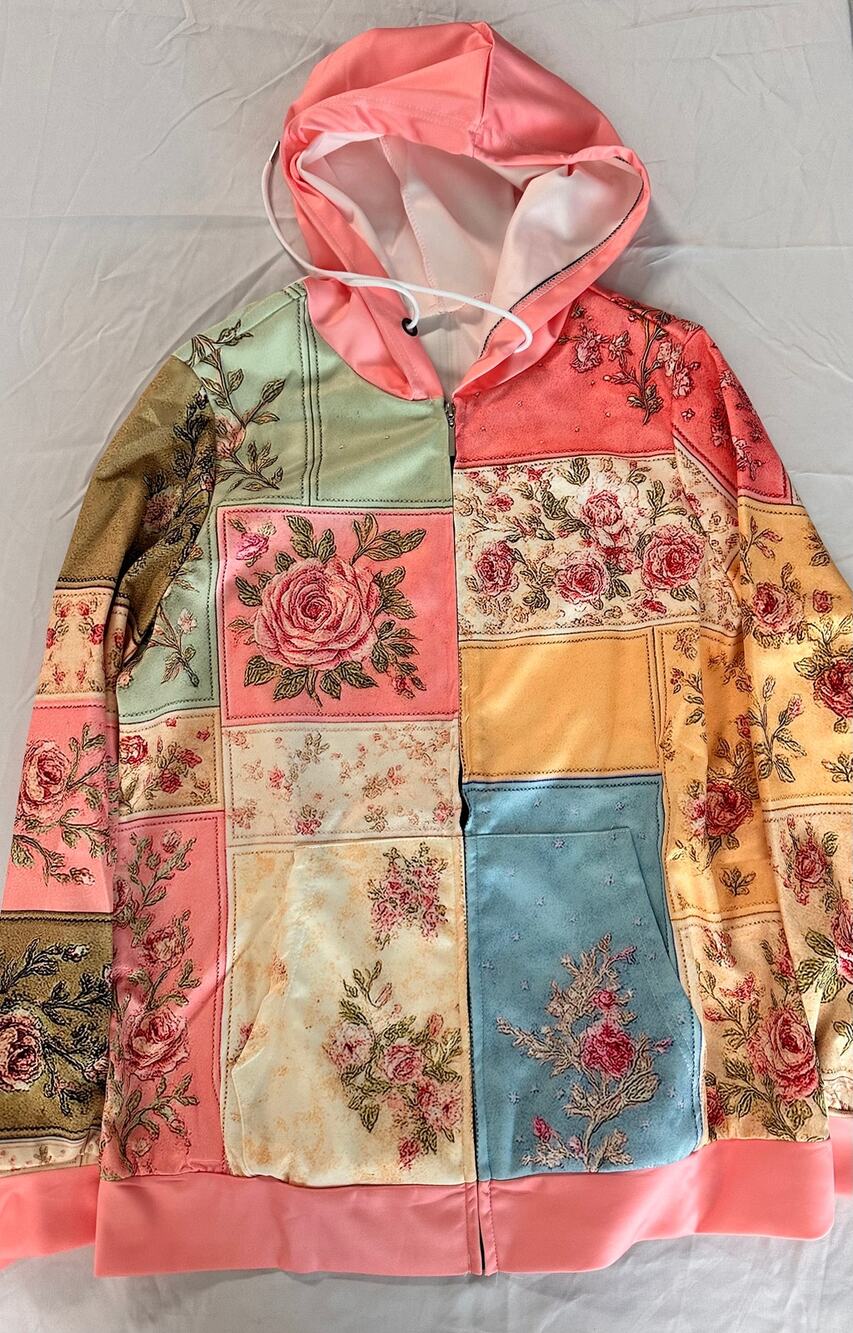 NWOT Pastel Rose Patchwork Hoodie XL Cottagecore Floral Zip Up Boho